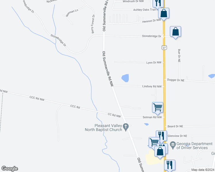 map of restaurants, bars, coffee shops, grocery stores, and more near 947 Old Summerville Road Northwest in Rome