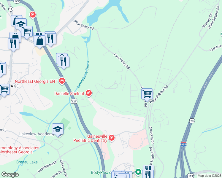 map of restaurants, bars, coffee shops, grocery stores, and more near 2818 Shades Valley Ln in Gainesville
