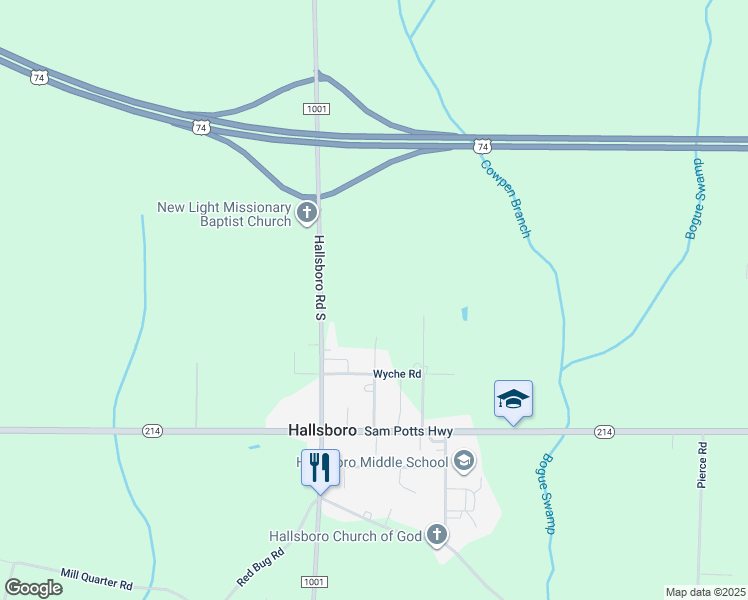 map of restaurants, bars, coffee shops, grocery stores, and more near 459 Hallsboro Road South in Hallsboro