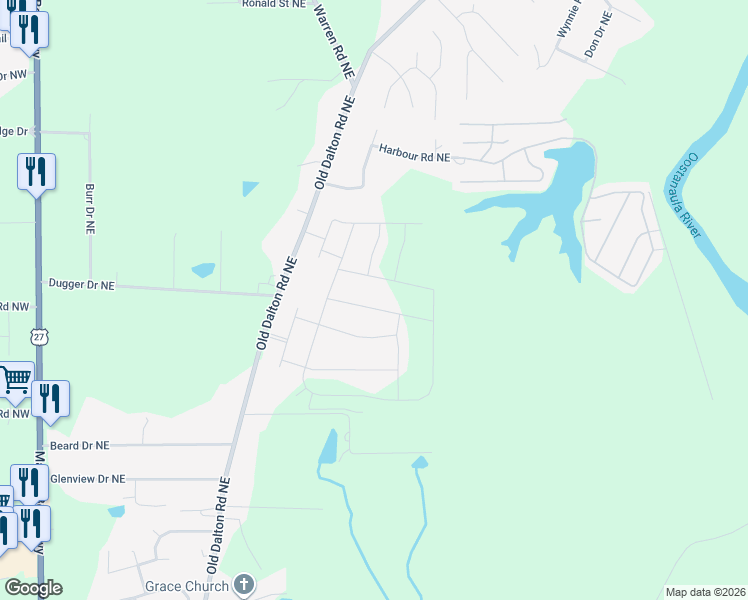 map of restaurants, bars, coffee shops, grocery stores, and more near 6 Majestic Oaks Way Northeast in Rome