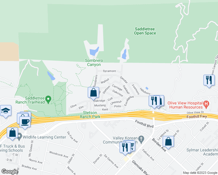 map of restaurants, bars, coffee shops, grocery stores, and more near Carriage in Los Angeles