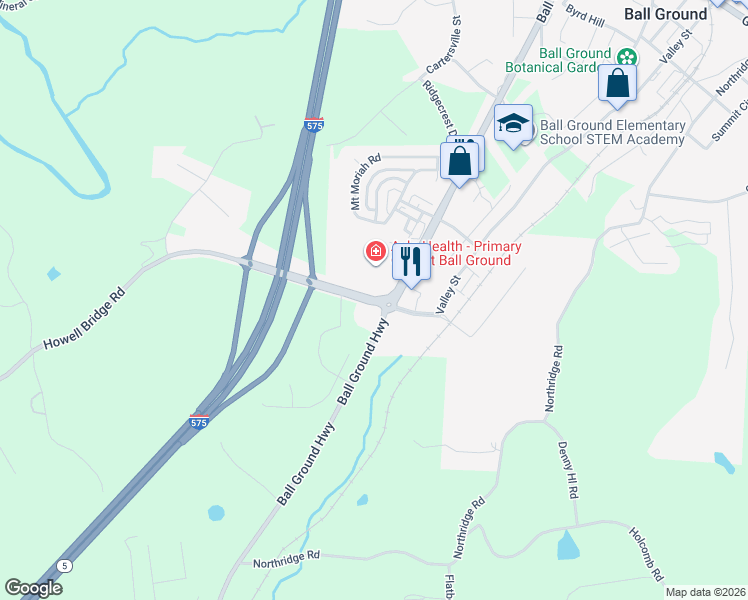 map of restaurants, bars, coffee shops, grocery stores, and more near 146 Howell Bridge Road in Ball Ground