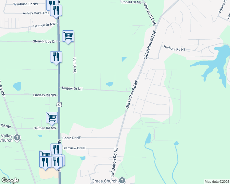 map of restaurants, bars, coffee shops, grocery stores, and more near 162 Dugger Drive Northeast in Rome