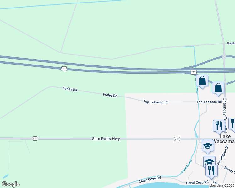 map of restaurants, bars, coffee shops, grocery stores, and more near 1211 Farley Road in Lake Waccamaw