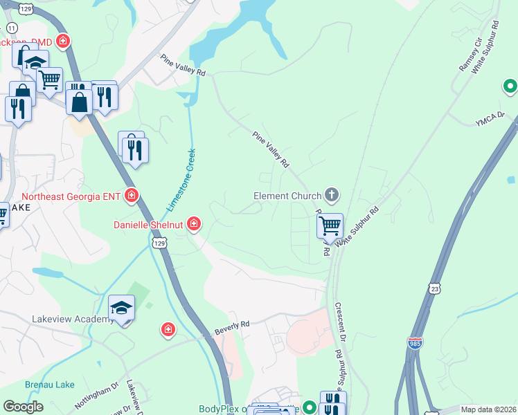 map of restaurants, bars, coffee shops, grocery stores, and more near 2921 Shades Valley Lane in Gainesville