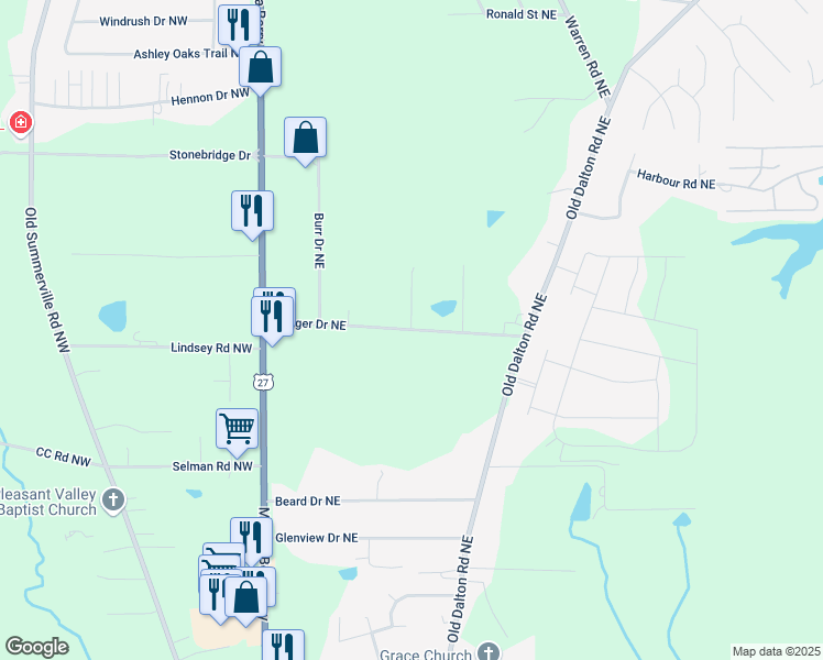 map of restaurants, bars, coffee shops, grocery stores, and more near 1 Oakcrest Trail Northeast in Rome