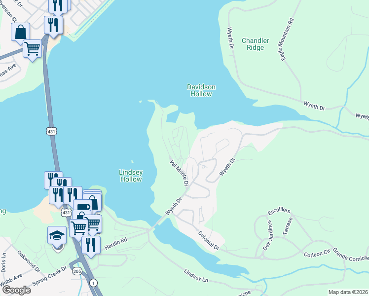 map of restaurants, bars, coffee shops, grocery stores, and more near 1027 West Harbor Street in Guntersville