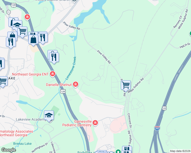 map of restaurants, bars, coffee shops, grocery stores, and more near 2818 Shades Valley Lane in Gainesville
