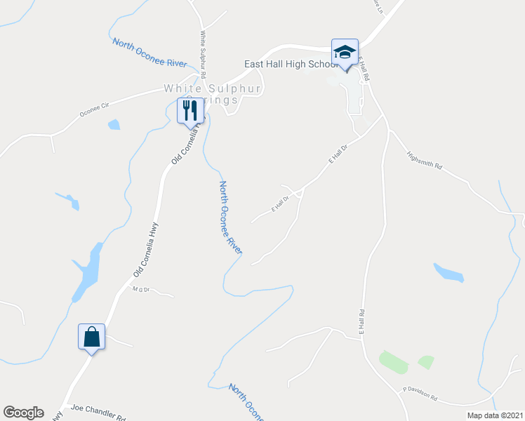 map of restaurants, bars, coffee shops, grocery stores, and more near 4394 East Hall Drive in Gainesville