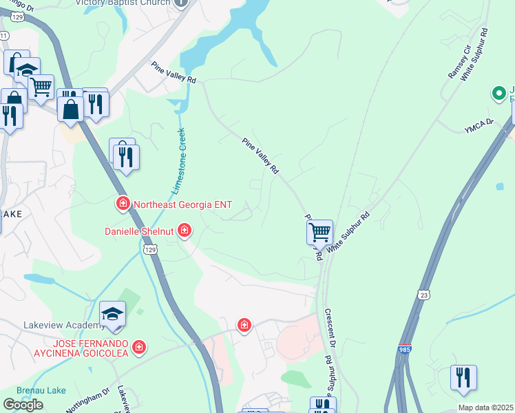 map of restaurants, bars, coffee shops, grocery stores, and more near 3734 Shady Valley Lane in Gainesville