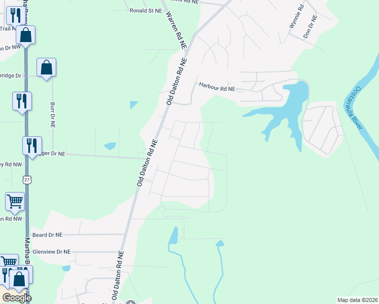 map of restaurants, bars, coffee shops, grocery stores, and more near 6 Majestic Oaks Way Northeast in Rome
