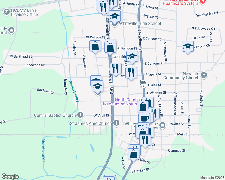 map of restaurants, bars, coffee shops, grocery stores, and more near 301 Rosemary Street in Whiteville