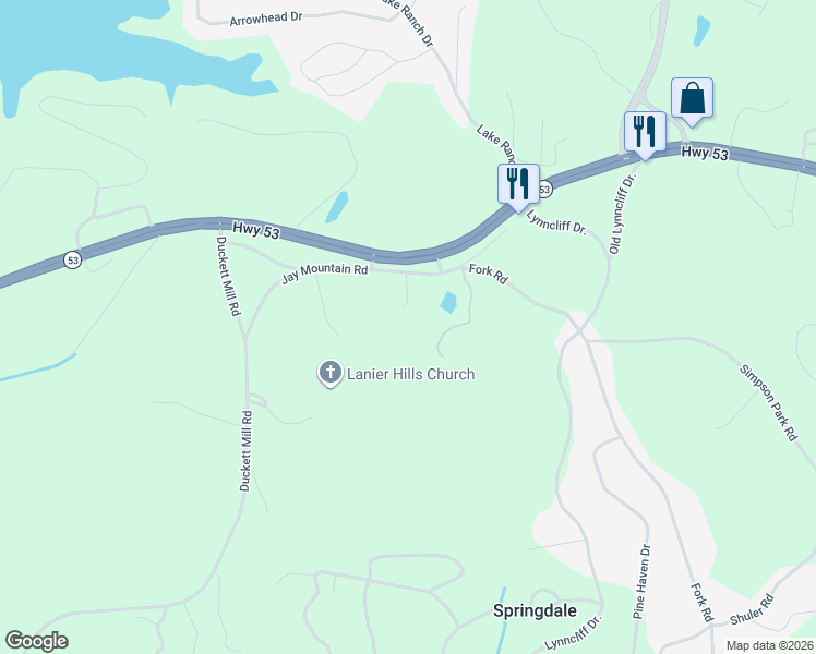 map of restaurants, bars, coffee shops, grocery stores, and more near 2937 Jay Mountain Rd in Gainesville
