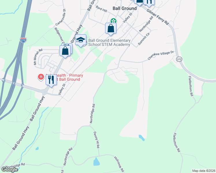 map of restaurants, bars, coffee shops, grocery stores, and more near 540 Northridge Road in Ball Ground