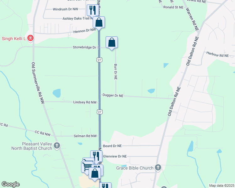 map of restaurants, bars, coffee shops, grocery stores, and more near 7 Burr Drive Northeast in Rome