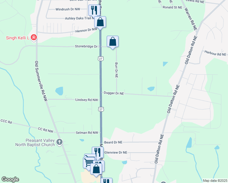 map of restaurants, bars, coffee shops, grocery stores, and more near 7 Burr Drive Northeast in Rome