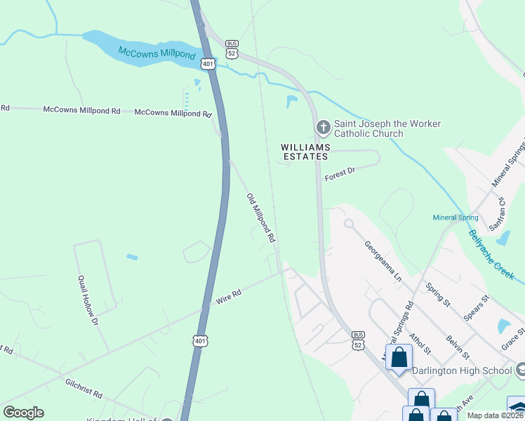 map of restaurants, bars, coffee shops, grocery stores, and more near 1213 Old Millpond Road in Darlington