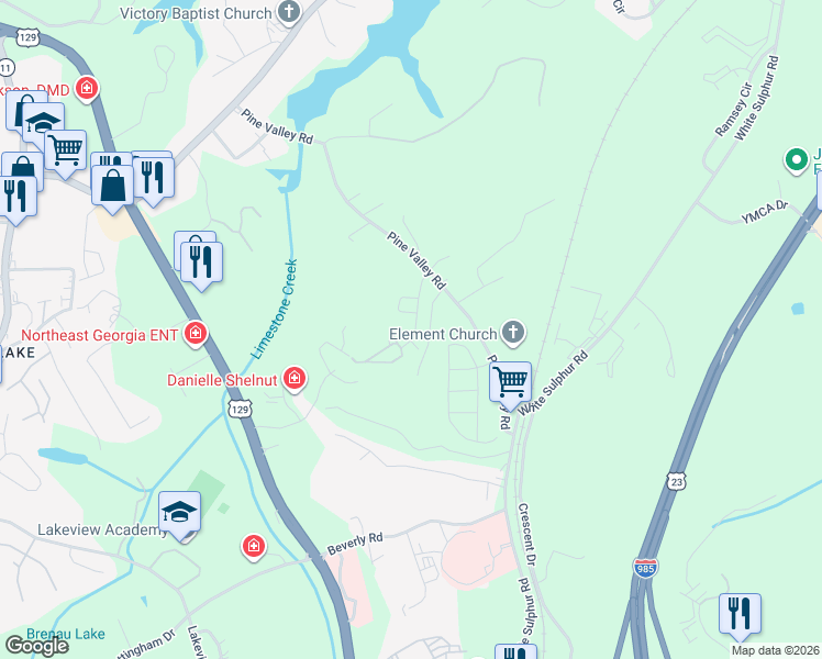 map of restaurants, bars, coffee shops, grocery stores, and more near 2921 Shades Valley Lane in Gainesville