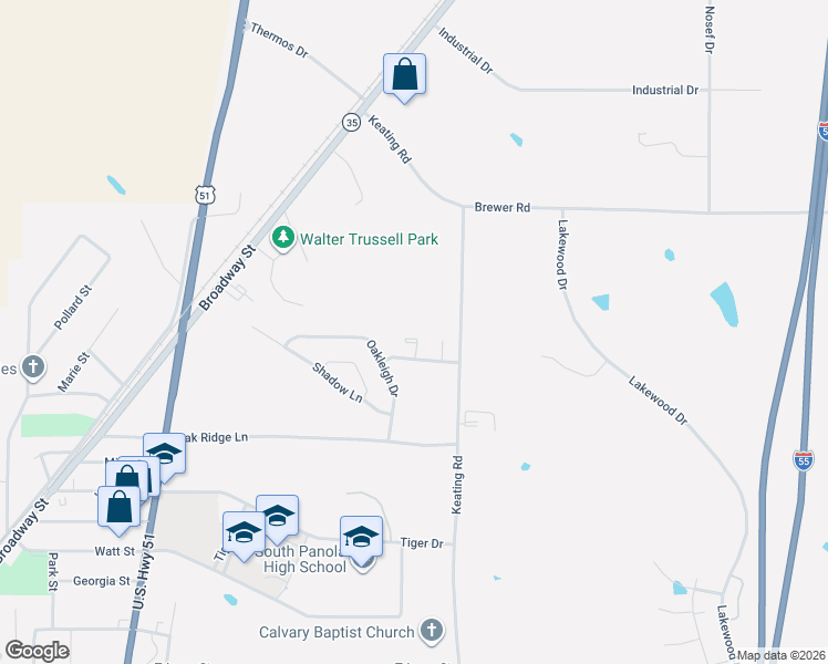 map of restaurants, bars, coffee shops, grocery stores, and more near 114 Keating Grove Drive in Batesville