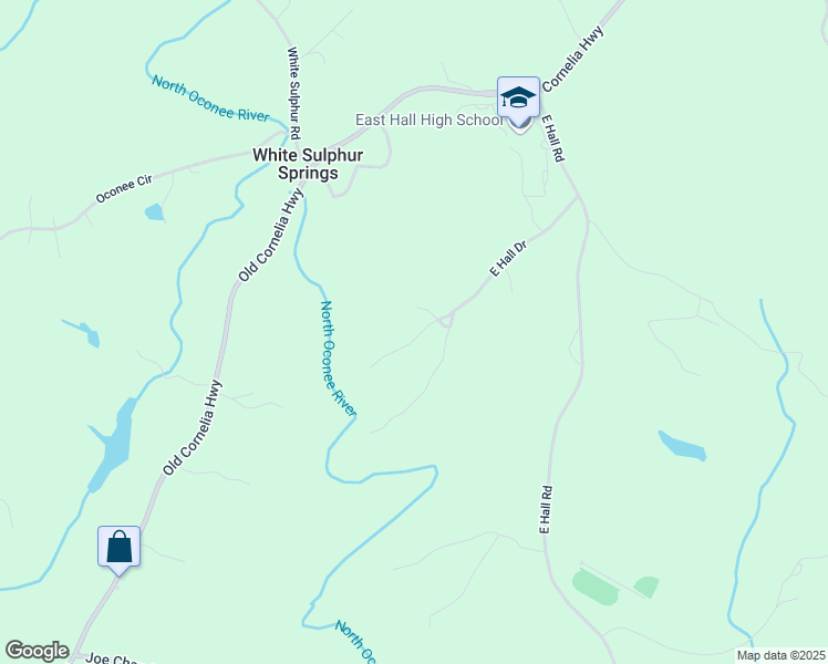 map of restaurants, bars, coffee shops, grocery stores, and more near 4394 East Hall Drive in Gainesville