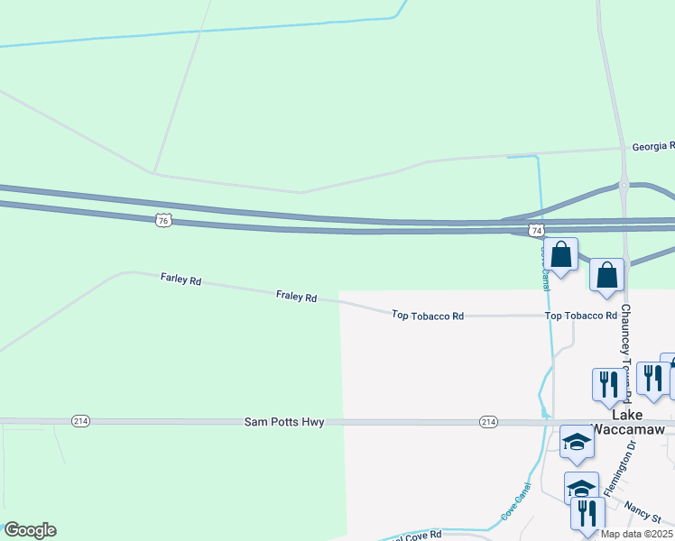 map of restaurants, bars, coffee shops, grocery stores, and more near 1211 Farley Road in Lake Waccamaw