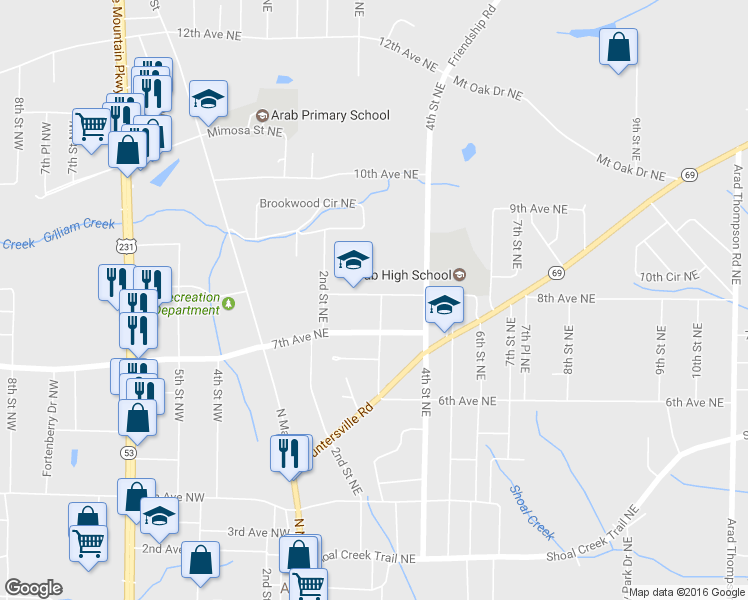 map of restaurants, bars, coffee shops, grocery stores, and more near 741 3rd Street Northeast in Arab
