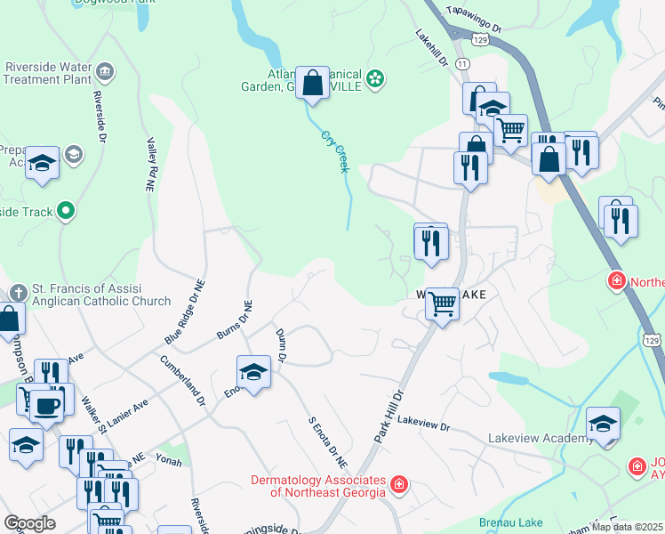 map of restaurants, bars, coffee shops, grocery stores, and more near 1536 Enota Avenue Northeast in Gainesville