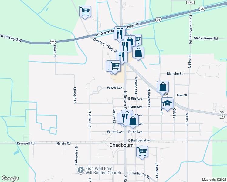 map of restaurants, bars, coffee shops, grocery stores, and more near 11-4 West 6th Avenue in Chadbourn