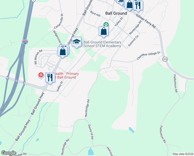 map of restaurants, bars, coffee shops, grocery stores, and more near Northridge Road in Ball Ground