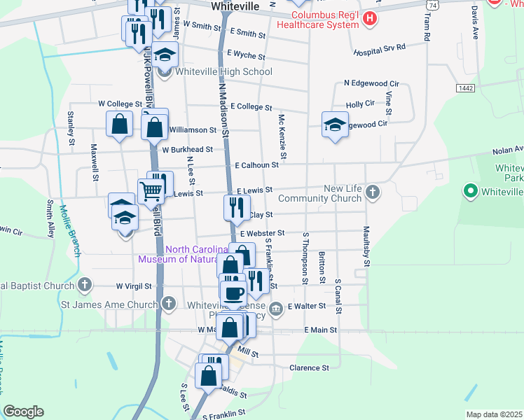 map of restaurants, bars, coffee shops, grocery stores, and more near 121 East Clay Street in Whiteville