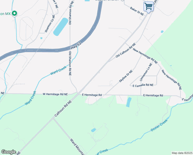 map of restaurants, bars, coffee shops, grocery stores, and more near 4148 Calhoun Road Northeast in Rome