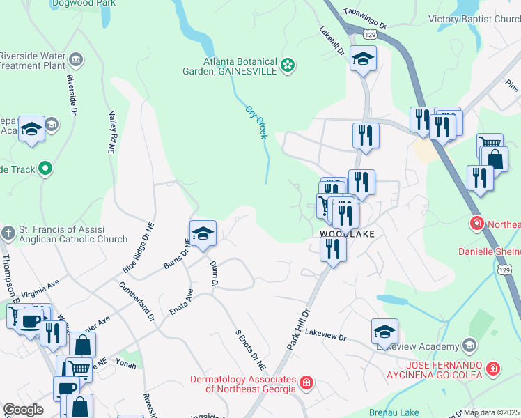 map of restaurants, bars, coffee shops, grocery stores, and more near 1536 Enota Avenue Northeast in Gainesville