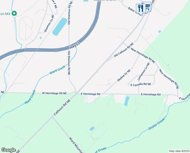 map of restaurants, bars, coffee shops, grocery stores, and more near 4148 Calhoun Road Northeast in Rome