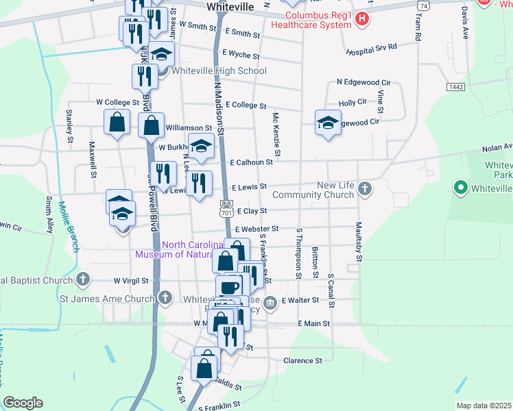 map of restaurants, bars, coffee shops, grocery stores, and more near 121 East Clay Street in Whiteville