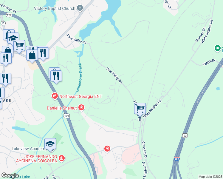 map of restaurants, bars, coffee shops, grocery stores, and more near Valley View Court in Gainesville