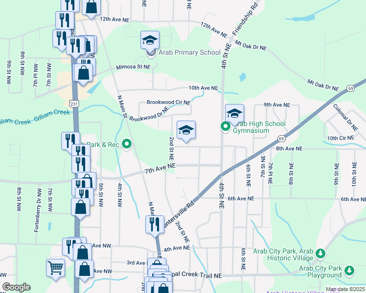 map of restaurants, bars, coffee shops, grocery stores, and more near 241 8th Avenue Northeast in Arab