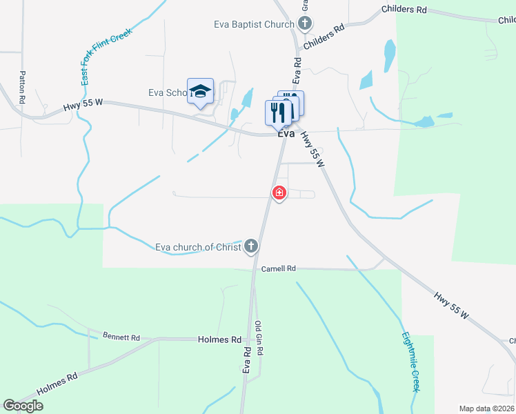 map of restaurants, bars, coffee shops, grocery stores, and more near 43 Ryan Road in Eva