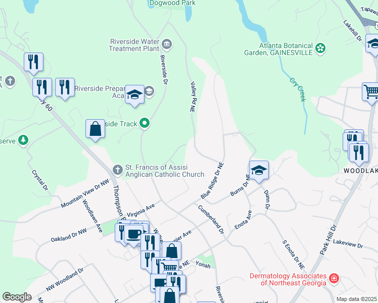 map of restaurants, bars, coffee shops, grocery stores, and more near 1685 Valley Road Northeast in Gainesville