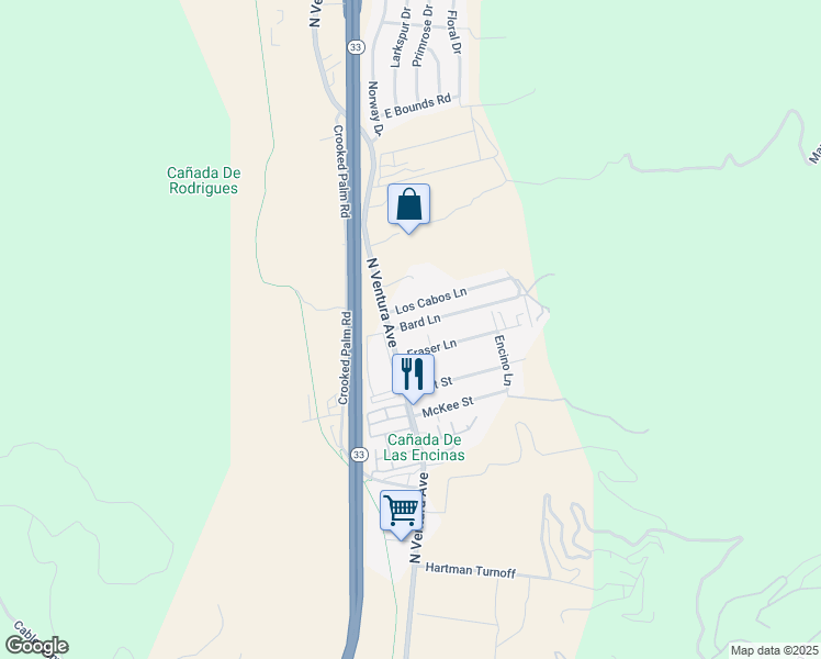 map of restaurants, bars, coffee shops, grocery stores, and more near 48 Bard Lane in Ventura