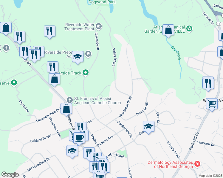 map of restaurants, bars, coffee shops, grocery stores, and more near 1685 Valley Road Northeast in Gainesville