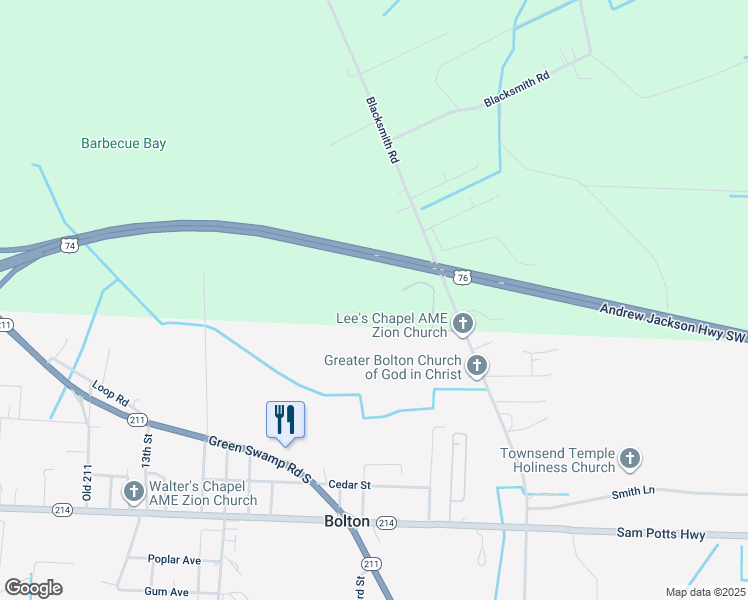 map of restaurants, bars, coffee shops, grocery stores, and more near 276 Harvey Bowen Lane in Bolton