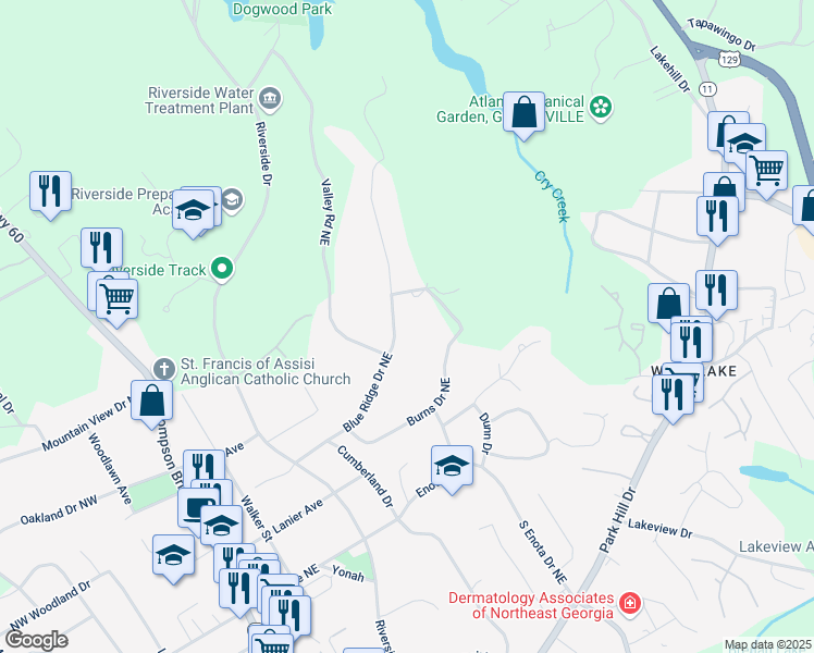 map of restaurants, bars, coffee shops, grocery stores, and more near 1616 Blue Ridge Drive Northeast in Gainesville