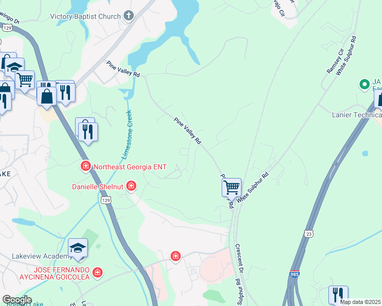 map of restaurants, bars, coffee shops, grocery stores, and more near 3770 Shades Valley Lane in Gainesville