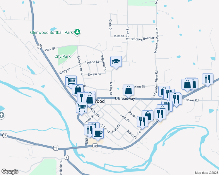 map of restaurants, bars, coffee shops, grocery stores, and more near 209 North Clay Street in Glenwood