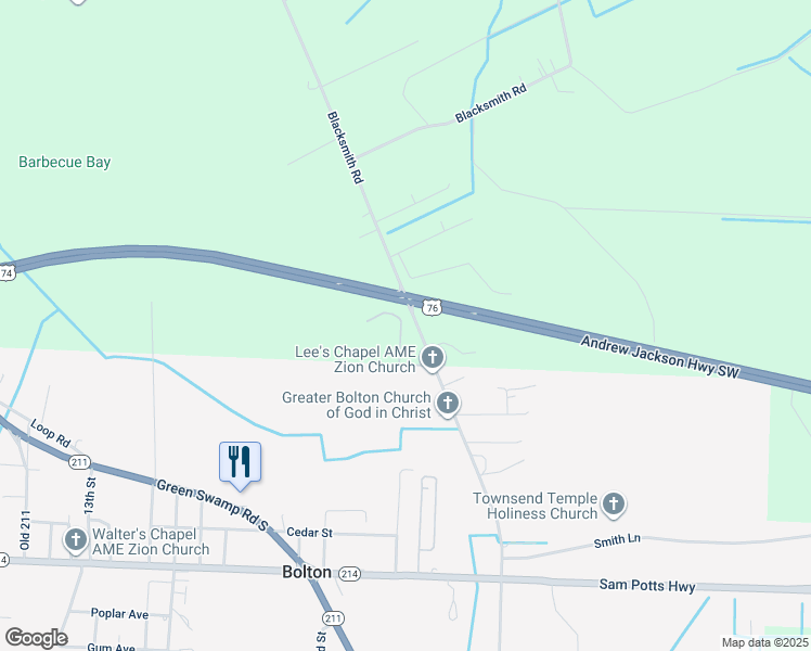 map of restaurants, bars, coffee shops, grocery stores, and more near 168 Harvey Bowen Lane in Bolton
