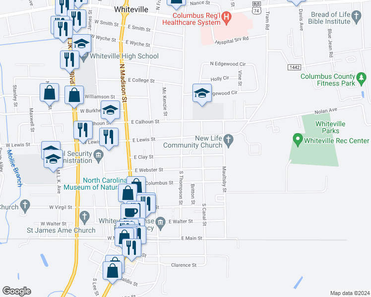 map of restaurants, bars, coffee shops, grocery stores, and more near 111 South Thompson Street in Whiteville