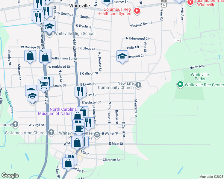map of restaurants, bars, coffee shops, grocery stores, and more near 111 South Thompson Street in Whiteville