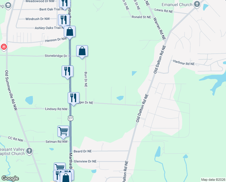 map of restaurants, bars, coffee shops, grocery stores, and more near 10 Oakcrest Trail Northeast in Rome