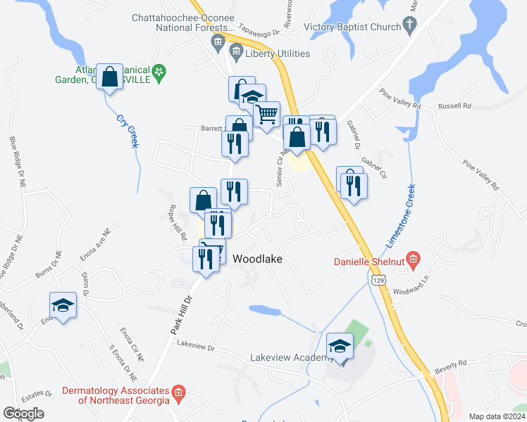 map of restaurants, bars, coffee shops, grocery stores, and more near 162 Senior Circle Northeast in Gainesville