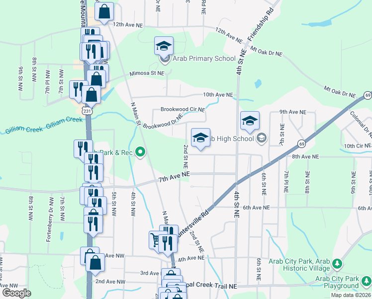 map of restaurants, bars, coffee shops, grocery stores, and more near 700 North Main Street in Arab